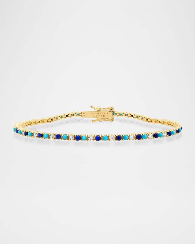 18K Yellow Gold Small 4 Prong Tennis Bracelet with Diamonds, Lapis and Turquoise
